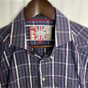 7 Downie St London Couture men's 5 large purple plaid shirt flip cuff colligate